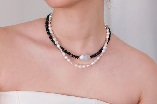 Naszyjnik z agatu, dużej perły barokowej i czeskiego koralika