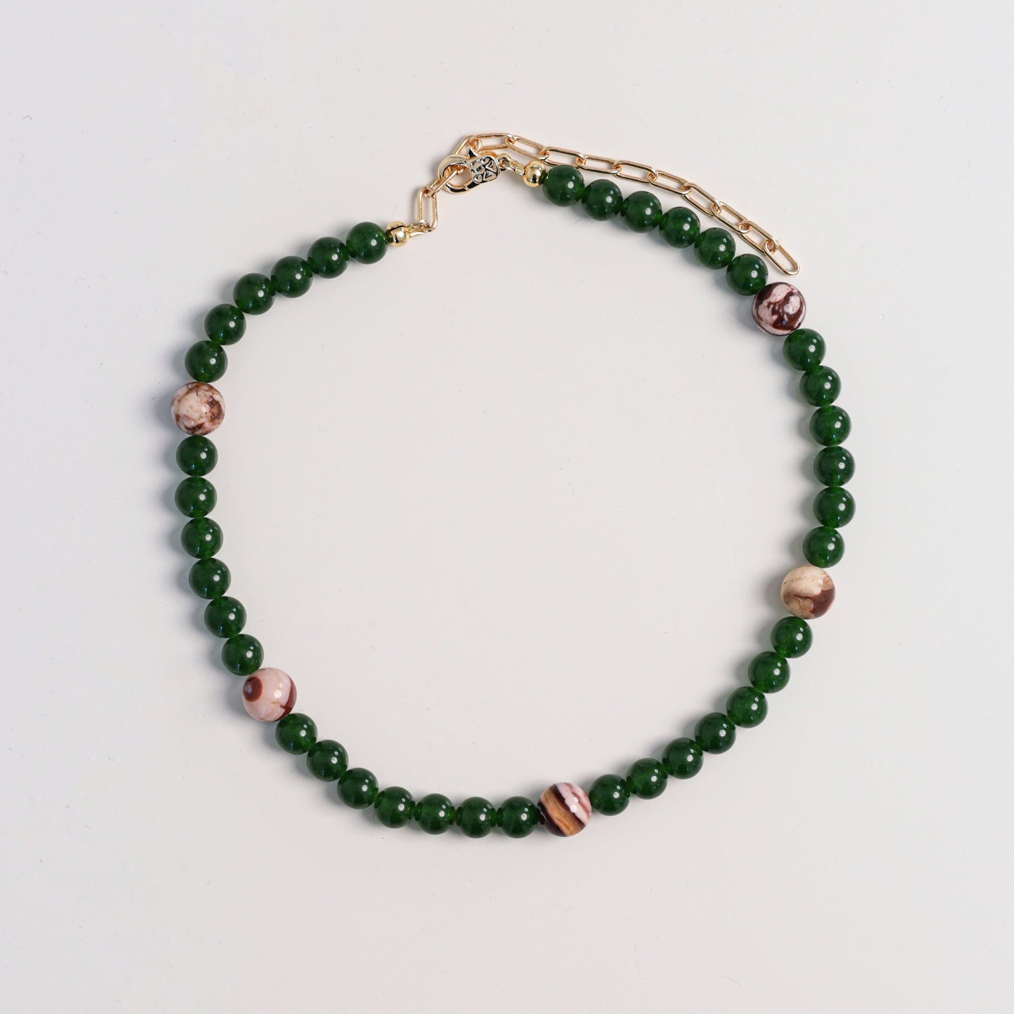 Naszyjnik z zielonego awenturynu/ tonowanego kwarcu i różowej jasp