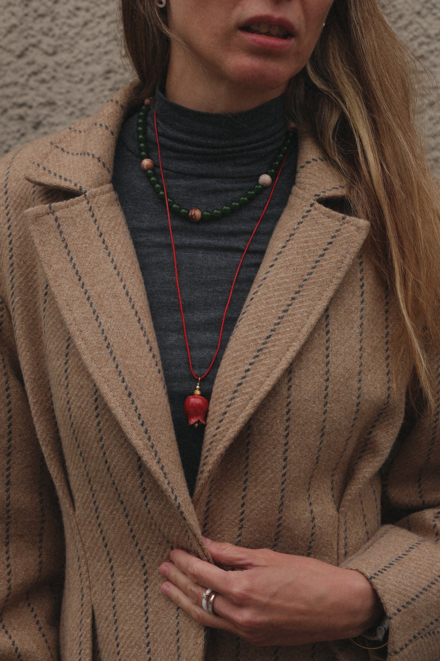 Naszyjnik z zielonego awenturynu/ tonowanego kwarcu i różowej jasp