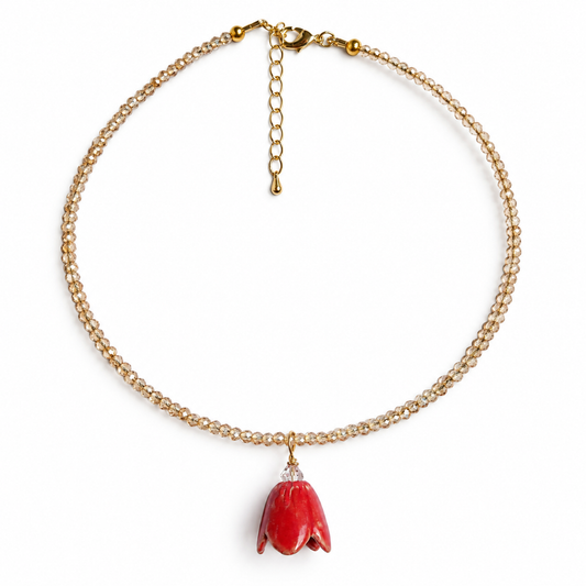 Choker FLORAL Mini Bell Cherry ze złotych kryształków i czerwonego kwiatka