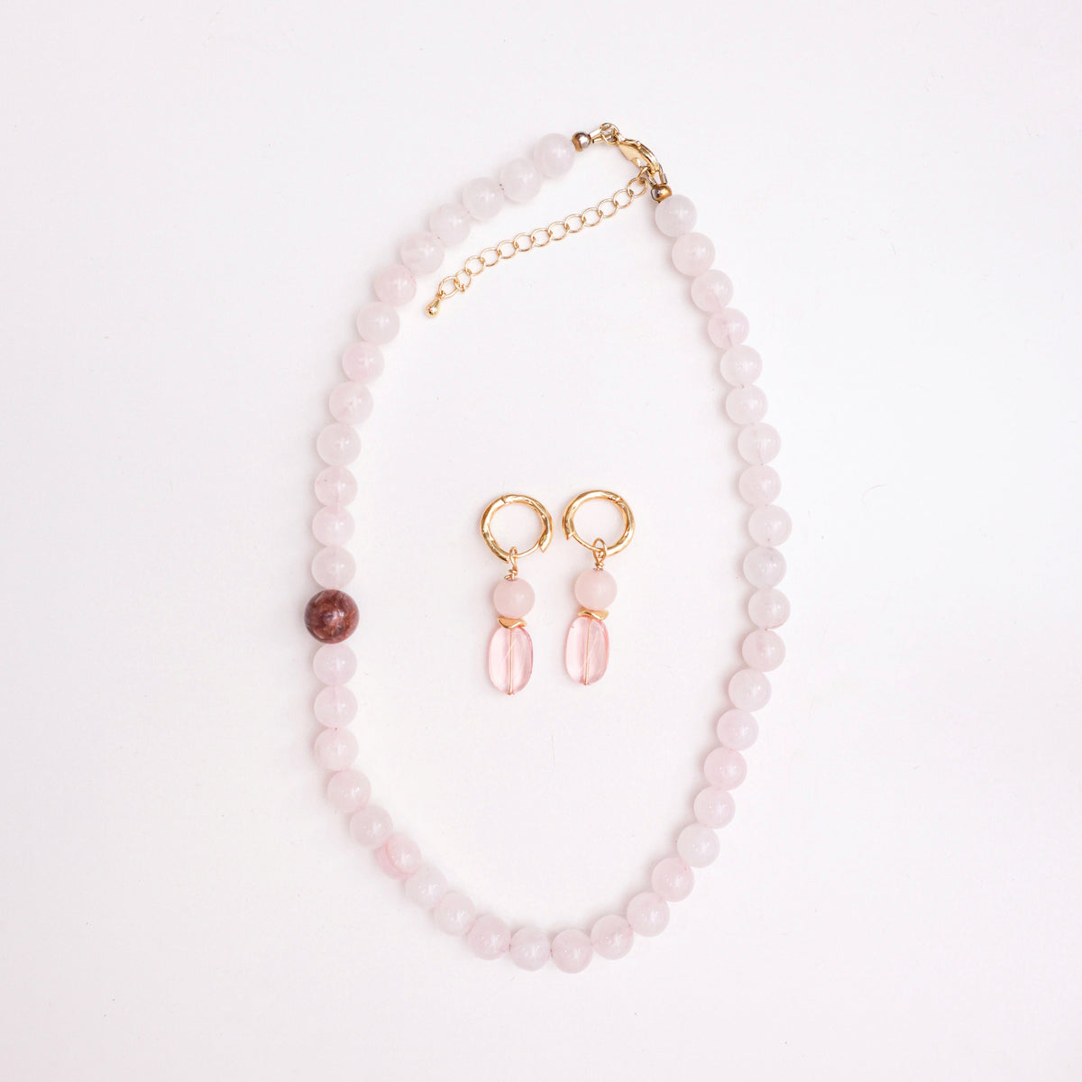 Zestaw Rose Minimal – kolczyki i naszyjnik z różowego kwarcu